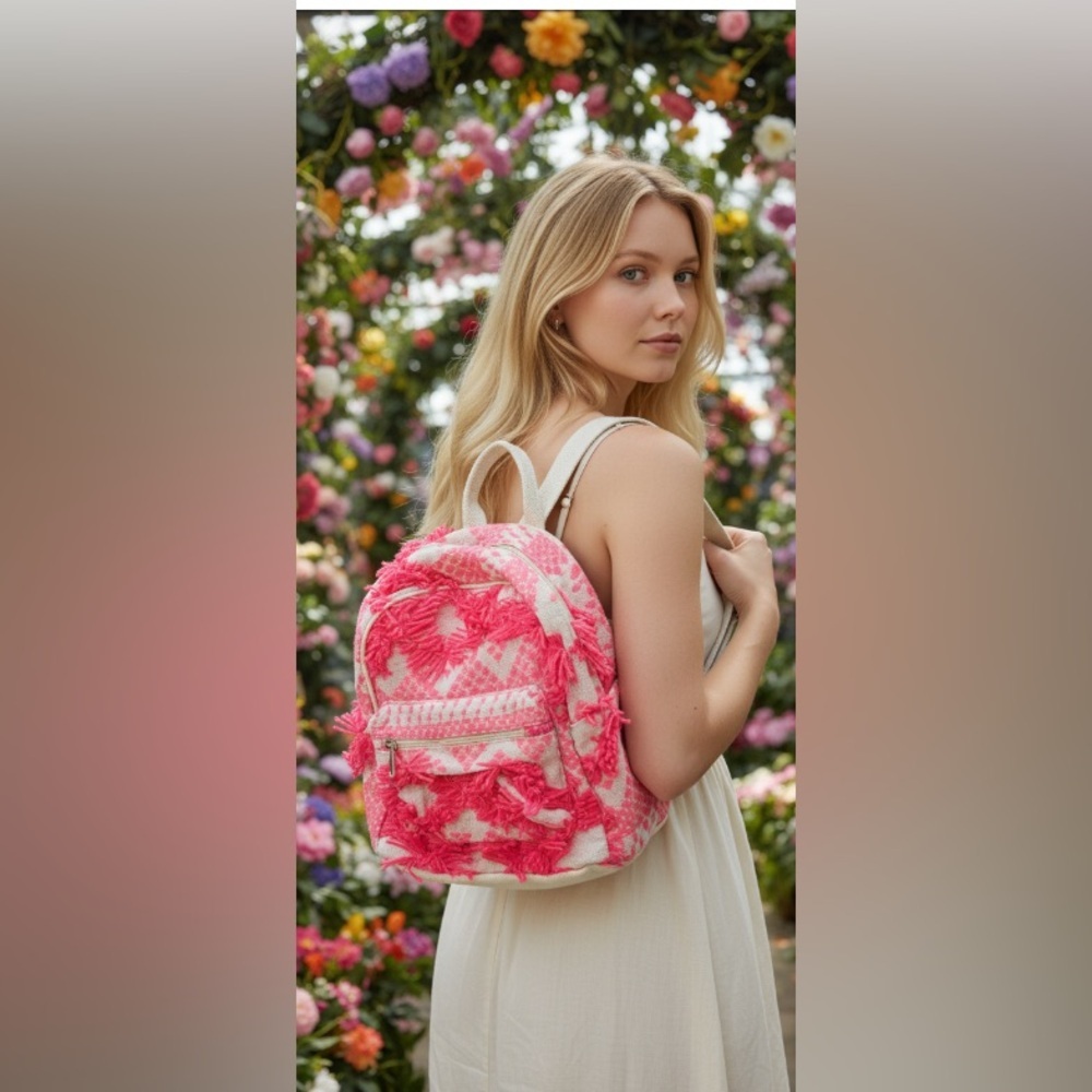 nwt- Stylish Hot Pink 
woven Fringe 
asymmetrical design 
Girls Backpack